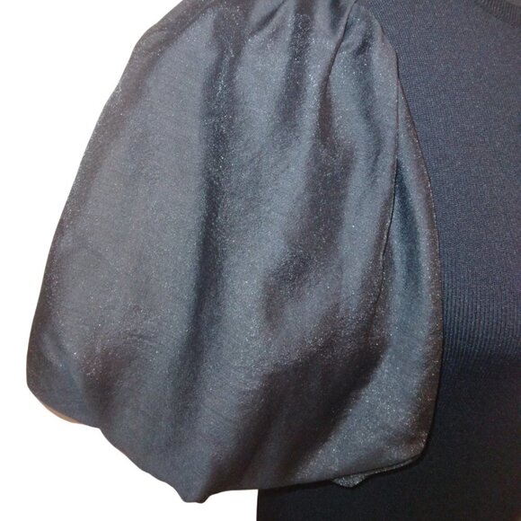 PASTEL COLLECTIONS BLACK KNIT MIDI DRESS W/ SHEER PUFF SLEEVES & CRYSTAL HEART - Picture 5 of 7